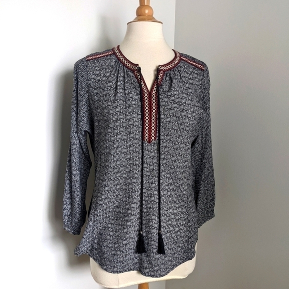 ANTHROPOLOGIE Daniel Rainn Bohemian Tunic Blouse Tassels in Black and White S - Picture 3 of 13